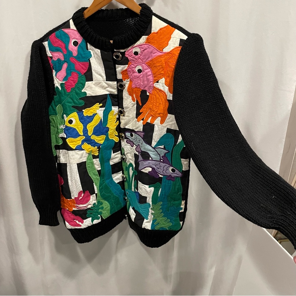 Fab fish quilted front sweater chunky button hand made oversized cardigan - Picture 8 of 12